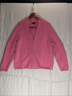 Lands End Pink Full Zip Ribbed Mock Neck Knit Cardigan Sweater Jacket XL Cotton